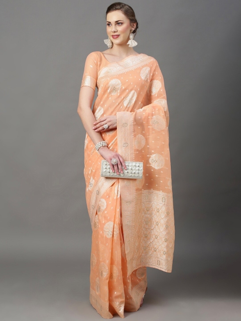 

Mitera Peach-Coloured & Silver-Toned Woven Design Silk Cotton Banarasi Saree