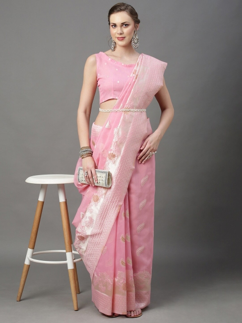 

Mitera Pink & Silver-Toned Woven Design Zari Silk Cotton Banarasi Saree
