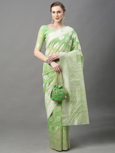 

Mitera Green & Gold-Toned Woven Design Zari Silk Cotton Banarasi Saree
