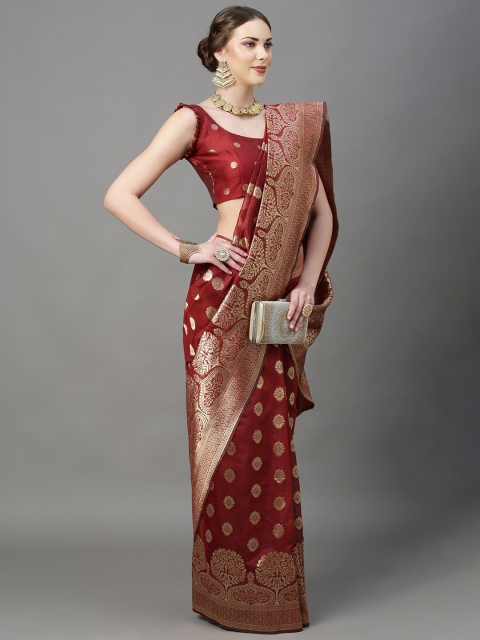 

Mitera Maroon & Gold-Toned Woven Design Zari Silk Cotton Banarasi Saree