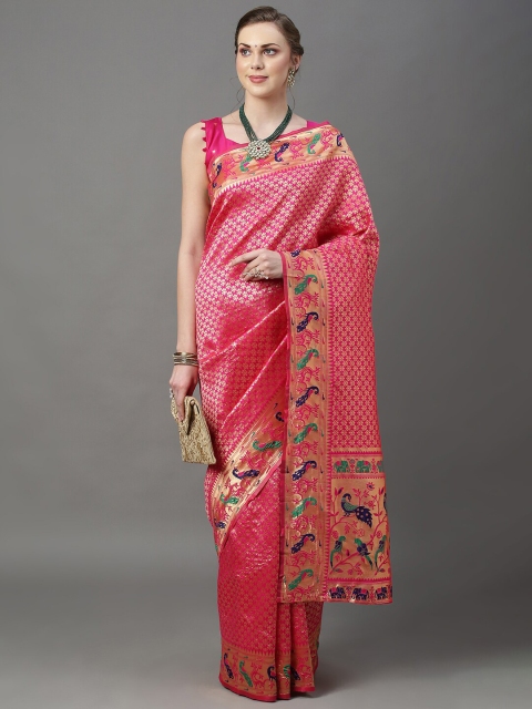 

Mitera Pink & Gold-Toned Woven Design Zari Silk Blend Paithani Saree