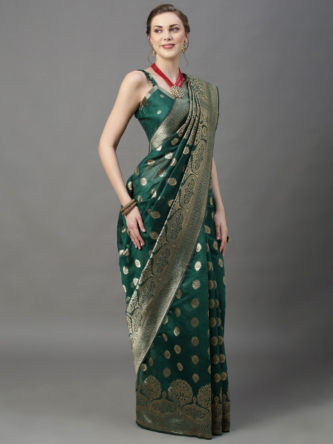 

Mitera Green & Gold-Toned Ethnic Motifs Zari Silk Cotton Banarasi Saree