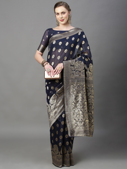 

Mitera Navy Blue & Gold-Toned Floral Zari Silk Cotton Banarasi Saree