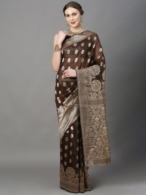 

Mitera Brown & Gold-Toned Woven Design Zari Silk Cotton Banarasi Saree