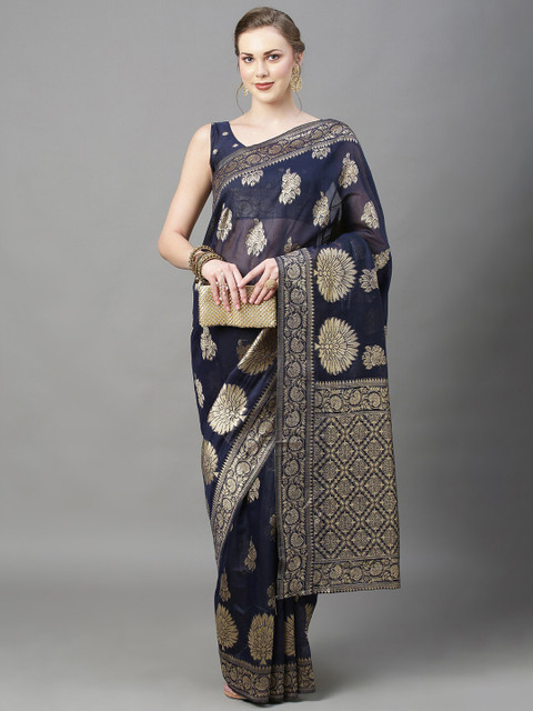 

Mitera Navy Blue & Gold-Toned Ethnic Motifs Zari Silk Cotton Banarasi Saree