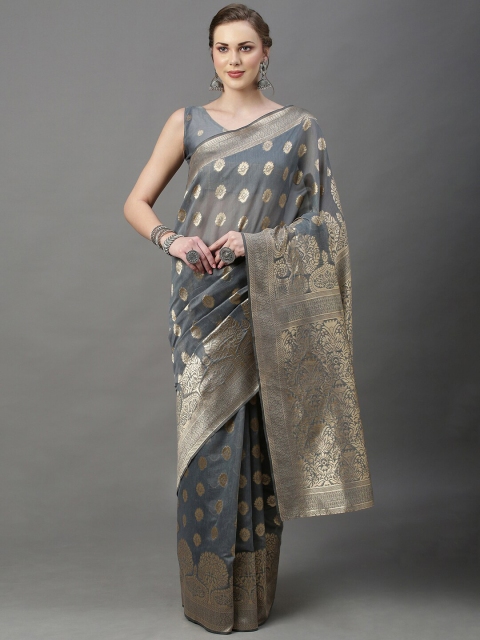 

Mitera Grey & Gold-Toned Woven Design Zari Silk Cotton Banarasi Saree