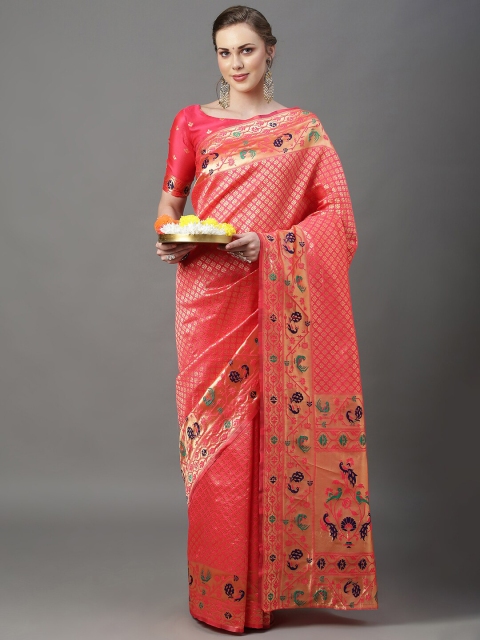 

Mitera Pink & Gold-Toned Ethnic Motifs Zari Silk Blend Paithani Saree