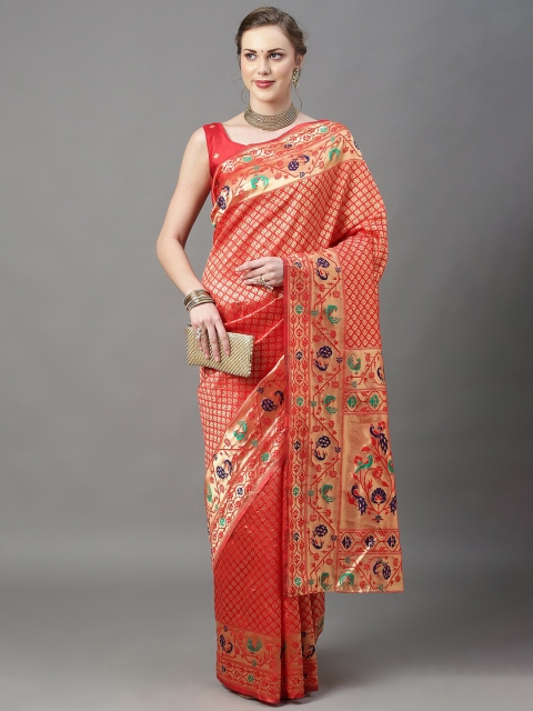 

Mitera Red & Gold-Toned Woven Design Zari Silk Blend Paithani Saree