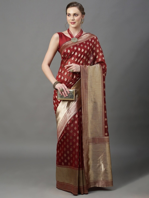 

Mitera Maroon & Gold-Toned Woven Design Zari Silk Cotton Banarasi Saree