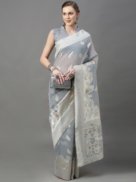 

Mitera Grey & Silver-Toned Woven Design Zari Silk Cotton Banarasi Saree