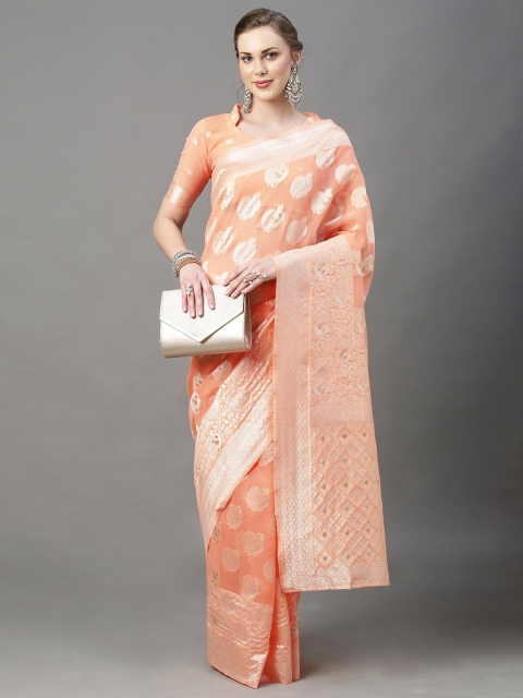 

Mitera Peach-Coloured & Silver-Toned Woven Design Zari Silk Cotton Banarasi Saree