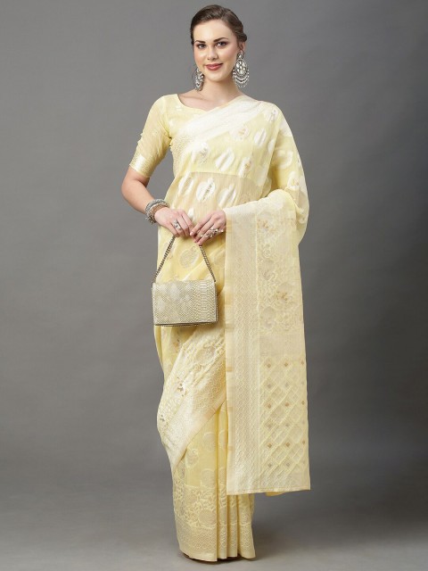 

Mitera Yellow & Silver-Toned Woven Design Zari Silk Cotton Banarasi Saree