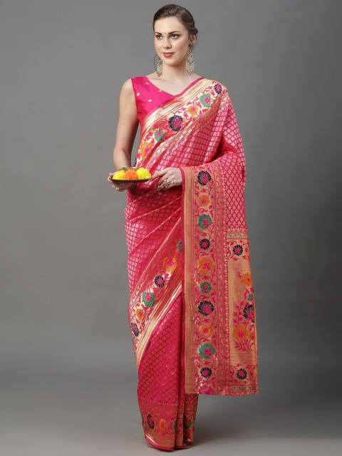 

Mitera Pink & Gold-Toned Woven Design Zari Silk Blend Kanjeevaram Saree