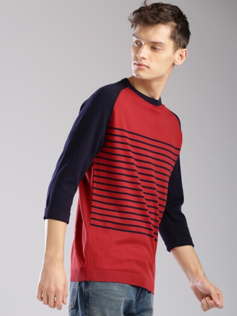

Levis Men Red & Navy Blue Striped Pullover