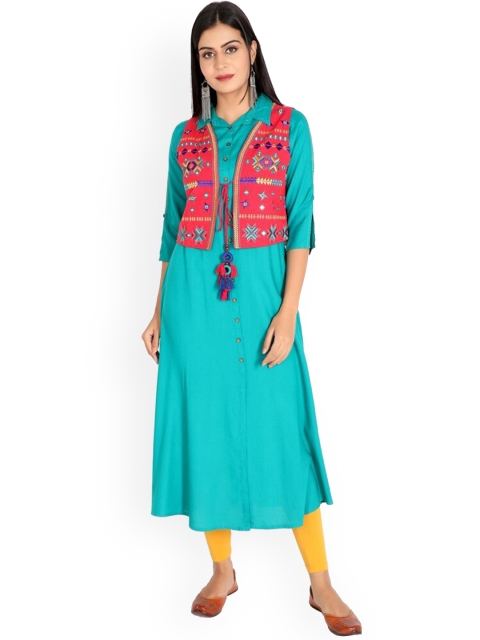 

SUTI Women Teal Ethnic Motifs Embroidered Flared Sleeves Mirror Work Kurta