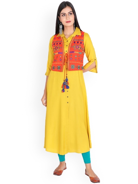 

SUTI Women Mustard Yellow Solid Cotton Kurta With Jacket