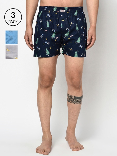 

THE DAILY OUTFITS Men Pack Of 3 Printed Pure Cotton Boxers, Blue