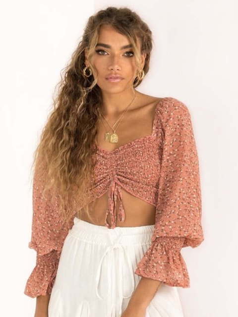 

MERCHE Peach-Coloured & White Print Sweetheart Neck Cotton Crop Top