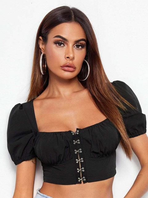 

MERCHE Women Black Pure Cotton Bardot Crop Top