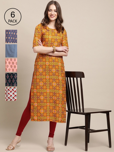 

KALINI Women Pack Of 6 Ethnic Motifs Printed Crepe Kurta, Blue
