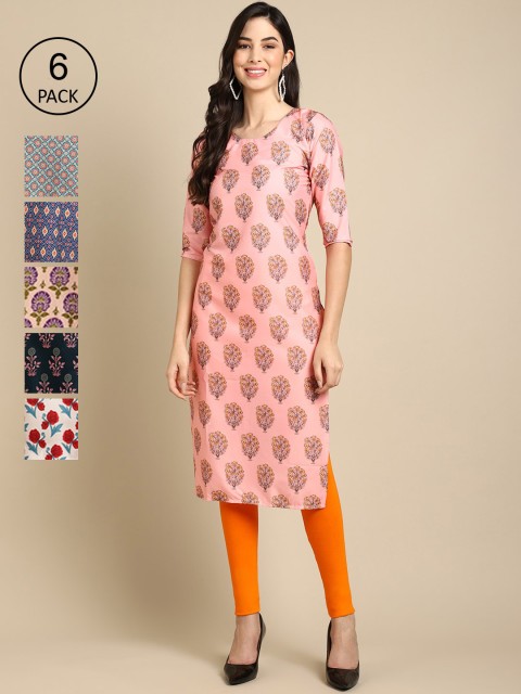 

KALINI Women Pack Of 6 Multicoloured Ethnic Motifs Printed Crepe Kurta, Multi