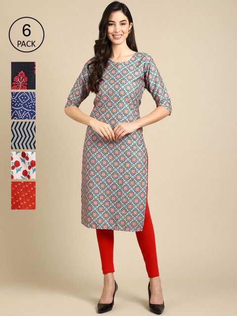 

KALINI Women Pack of 6 Geometric Printed Summer Sheers Crepe Kurta, Blue