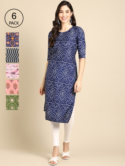 

KALINI Women Pack Of 6 Printed Crepe Kurta, Multi
