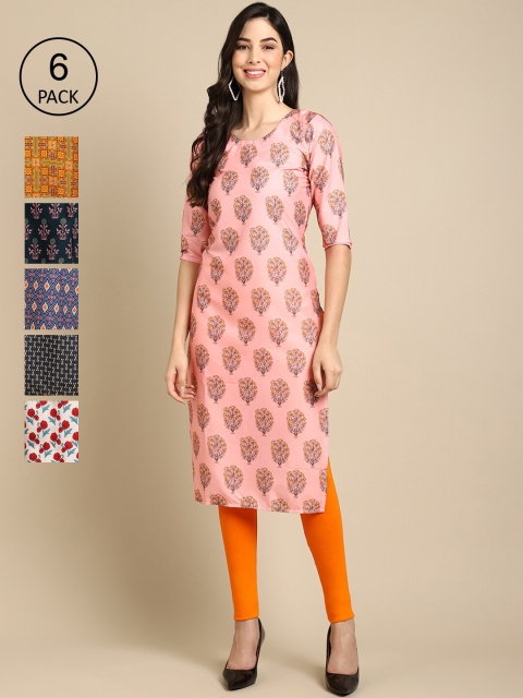 

KALINI Pack Of 6 Women Printed Straight Crepe Kurta, Black