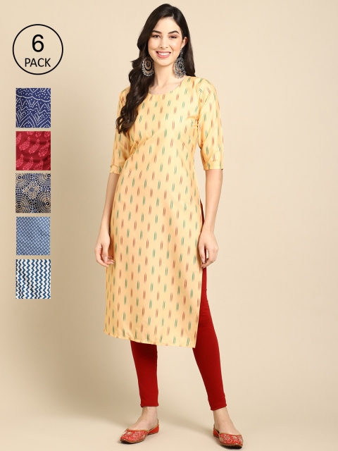 

KALINI Women Pack Of 6 Geometric Striped Crepe Kurta, Yellow