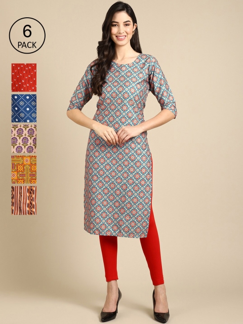 

KALINI Women Pack of 6 Digital Printed Crepe Straight Kurtas, Blue