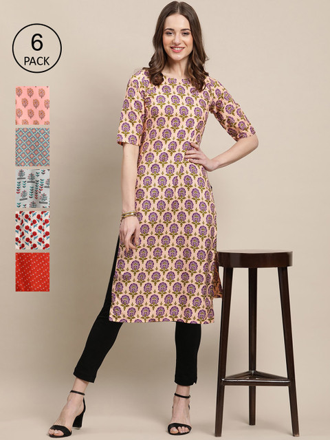 

KALINI Women Multicoloured Pack Of 6 Ethnic Motifs Printed Crepe Kurta, Multi