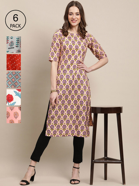 

KALINI Women Pack Of 6 Multicoloured Geometric Printed Crepe Kurta, Multi