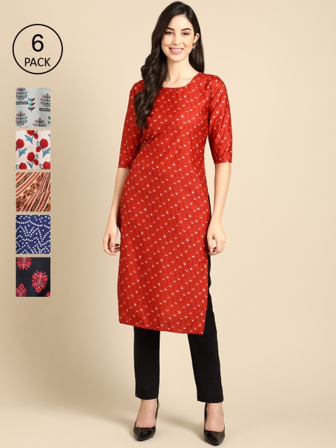 

KALINI Women Pack of 6 Women Printed Straight Crepe Kurta, Multi