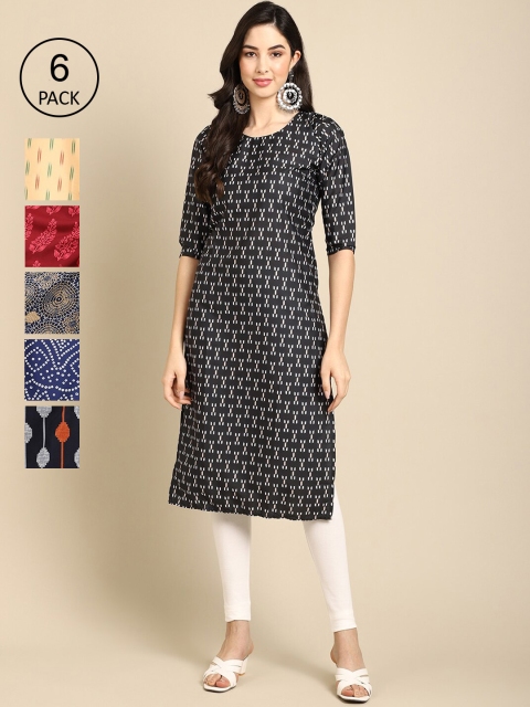 

KALINI Women Pack of 6 Ethnic Motifs Striped Crepe Kurta, Black