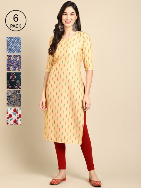 

KALINI Women Yellow And Blue Summer Sheers Crepe Kurta [PACK OF 6]