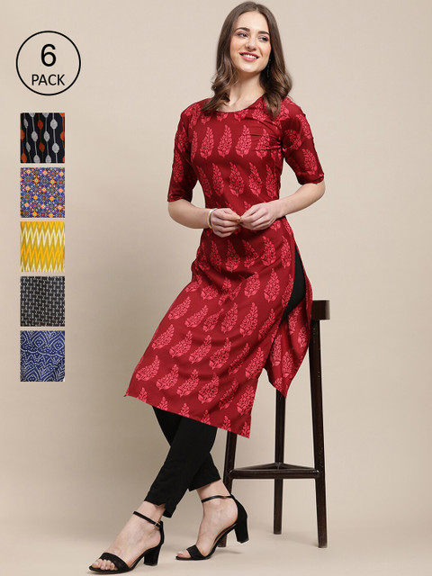 

KALINI Women Pack Of 6 Ethnic Motifs Printed Crepe Kurta, Red