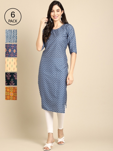 

KALINI Women Blue & Yellow Pack of 6 Floral Printed Crepe Kurtas