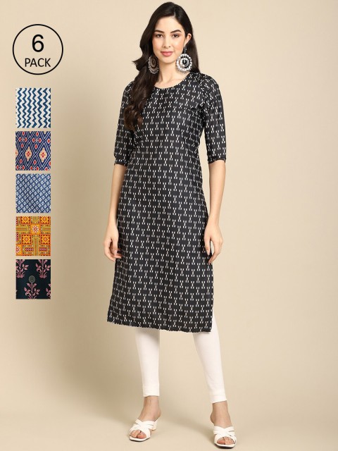 

KALINI Women Pack of 6 Printed Crepe Kurtas, Multi