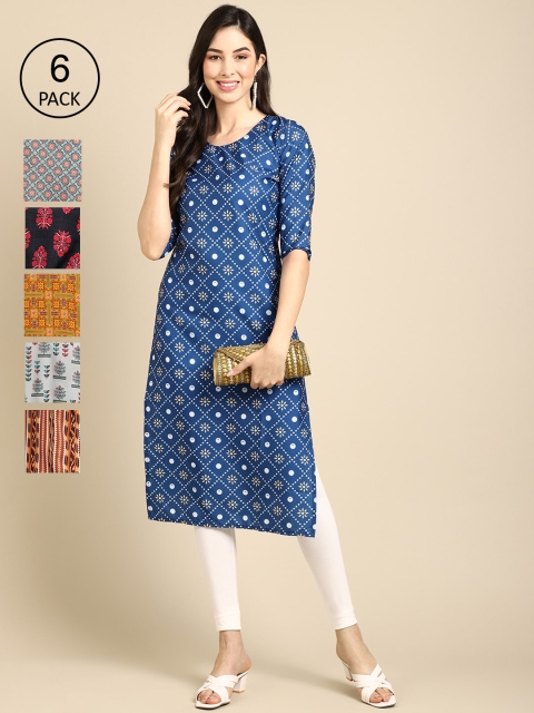 

KALINI Women Pack Of 6 Geometric Printed Crepe Kurta, Multi