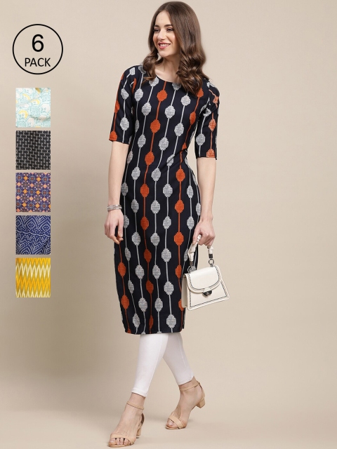 

KALINI Women Pack of 6 Digital Printed Crepe Straight Kurtas, Yellow