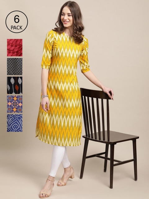 

KALINI Women Pack Of 6 Geometric Printed Crepe Kurta, Black