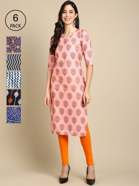 

KALINI Women Pack Of 6 Geometric Striped Thread Work Crepe Kurta, Multi