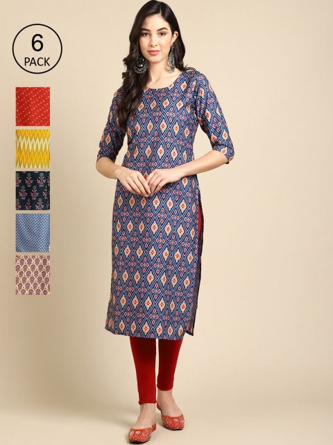 

KALINI Pack Of 6 Women Printed Straight Crepe Kurta, Navy blue