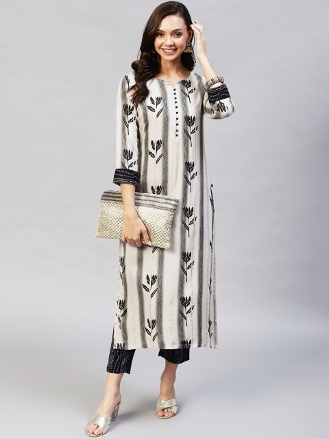 

KALINI Women White Floral Printed Kurta with Trousers