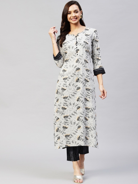 

KALINI Women Grey Floral Printed Kurta with Trousers