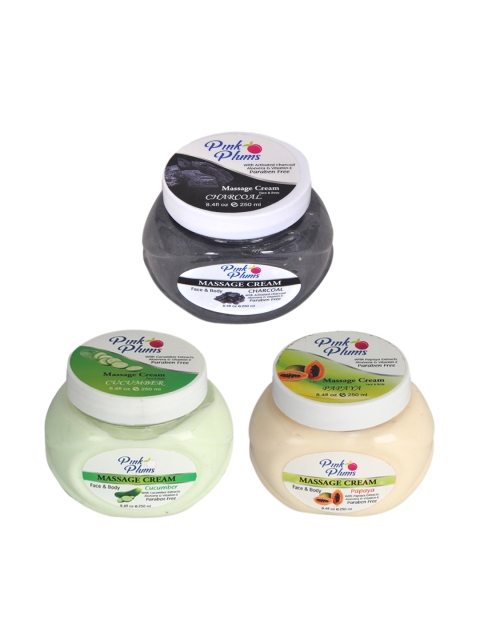 

Pink Plums Set of 3 Paraben Free Charcoal Cucumber Papaya Face & Body Massage creams 750ml, Green