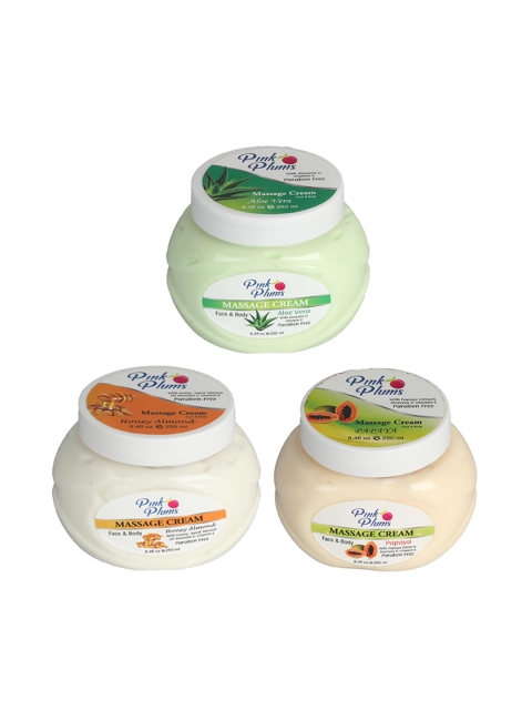 

Pink Plums Set of 3 Paraben Free Aloevera HONEY ALMOND PAPAYA Face & Body Massage creams, Green
