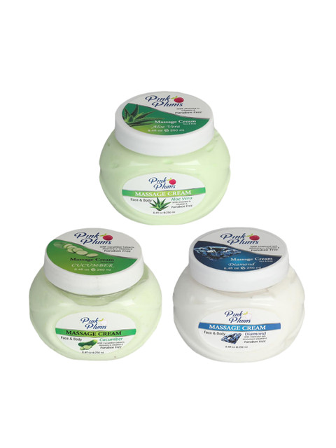 

Pink Plums Se of 3 Paraben Free Aloevera Cucumber Diamond Face & Body Massage creams, Green