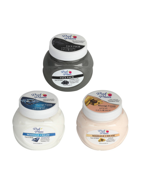 

Pink Plums Set Of 3 Paraben Free Charcoal Diamond Gold Face Moisturisers 250 ml Each, Multi