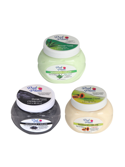 

Pink Plums Set Of 3 Paraben Free Aloe vera Charcoal Papaya Face Moisturisers 250 ml Each, Multi